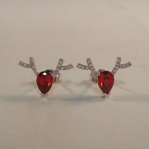 Silver Deer Elk Head Ruby Red Diamond Zircon Stud Earrings New Holiday Festive